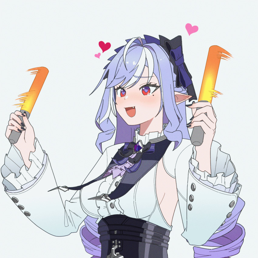 014115r, 1girl, animated, animated_gif, ascot, black_nails, black_skirt, bouncing_breasts, bouncing_hair, bow, bowtie, breast_curtains, breasts, center_frills, commentary_request, dress, fang, frilled_shirt, frilled_shrug, frills, gem, glowstick, hairband, hands_up, heart, heart-shaped_pupils, highres, holding, holding_glowstick, mole, mole_under_eye, multicolored_hair, nail_polish, open_mouth, overskirt, penlight_(glowstick), pointy_ears, purple_ascot, purple_bow, purple_bowtie, purple_gem, purple_hair, purple_hairband, red_eyes, shirt, shrug_(clothing), sideboob_cutout, simple_background, skirt, smile, solo, streaked_hair, symbol-shaped_pupils, tearing_up, upper_body, vivian_banshee, waving_arms, white_background, white_dress, white_hair, winking_(animated), zenless_zone_zero