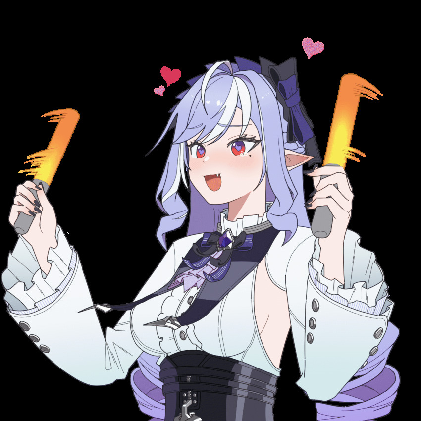 014115r, 1girl, animated, animated_gif, ascot, black_nails, black_skirt, bouncing_breasts, bouncing_hair, bow, bowtie, breast_curtains, breasts, center_frills, commentary_request, dress, fang, frilled_shirt, frilled_shrug, frills, gem, glowstick, hairband, hands_up, heart, heart-shaped_pupils, highres, holding, holding_glowstick, mole, mole_under_eye, multicolored_hair, nail_polish, open_mouth, overskirt, penlight_(glowstick), pointy_ears, purple_ascot, purple_bow, purple_bowtie, purple_gem, purple_hair, purple_hairband, red_eyes, shirt, shrug_(clothing), sideboob_cutout, skirt, smile, solo, streaked_hair, symbol-shaped_pupils, tearing_up, transparent_background, upper_body, vivian_banshee, waving_arms, white_dress, white_hair, winking_(animated), zenless_zone_zero