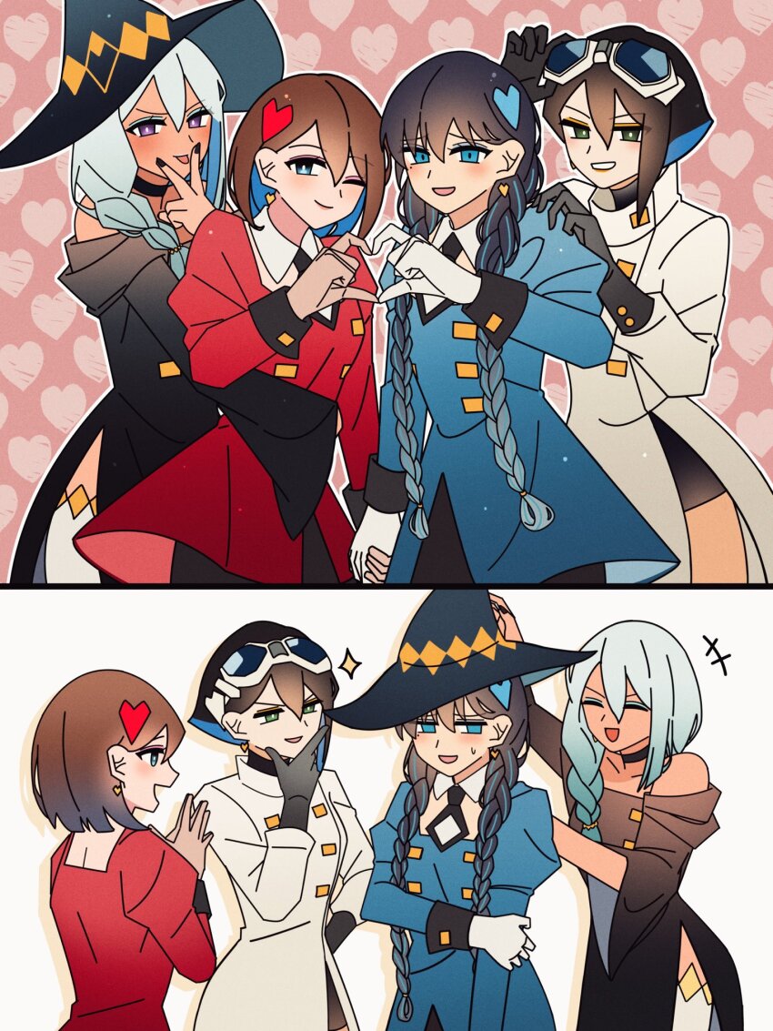 4girls, ado_(utaite), black_dress, black_gloves, black_hair, black_hat, black_nails, blue_coat