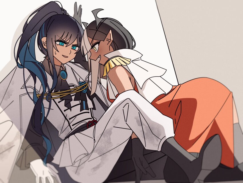 2girls, ado_(utaite), black_boots, black_gloves, black_hair, blue_eyes, blue_hair, boots