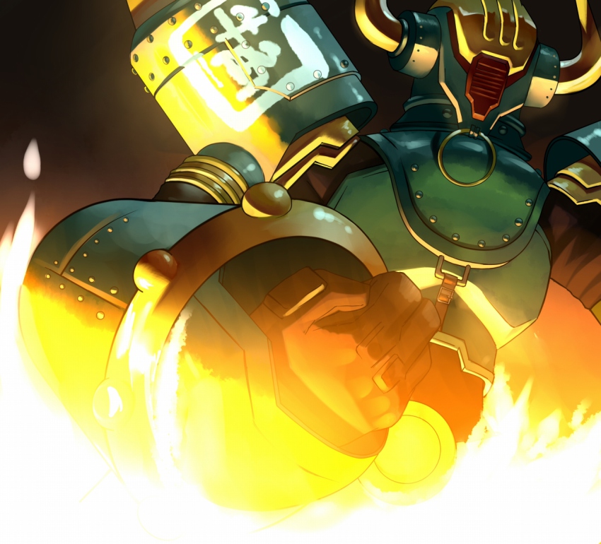 10s, 1boy, antonio_lopez, armor, fire, helmet, male_focus, power_armor