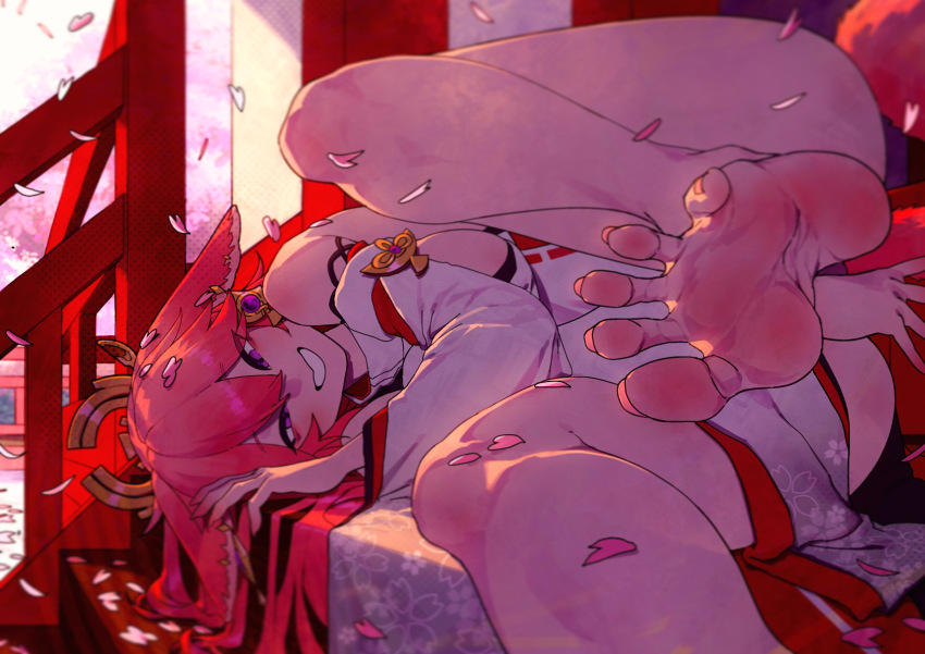 1girl, animal_ears, bare_shoulders, barefoot, breasts, cherry_blossoms, day, detached_sleeves