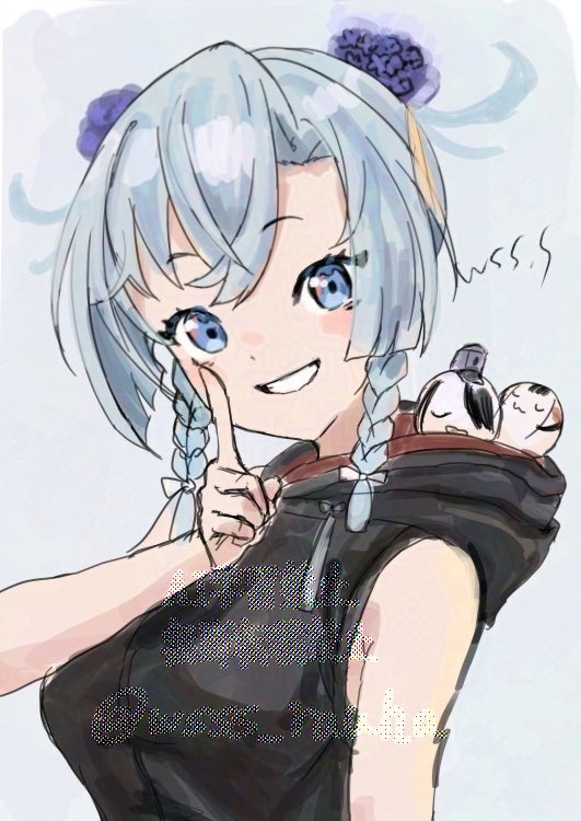 1girl, black_shirt, blue_eyes, blue_hair, braid, double_bun, grin, hair_bun