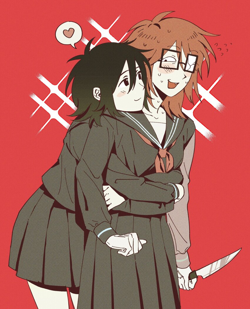 2girls, 97ttwwaazz, black_hair, black_serafuku, brown_hair, cowboy_shot, fang, flying_sweatdrops