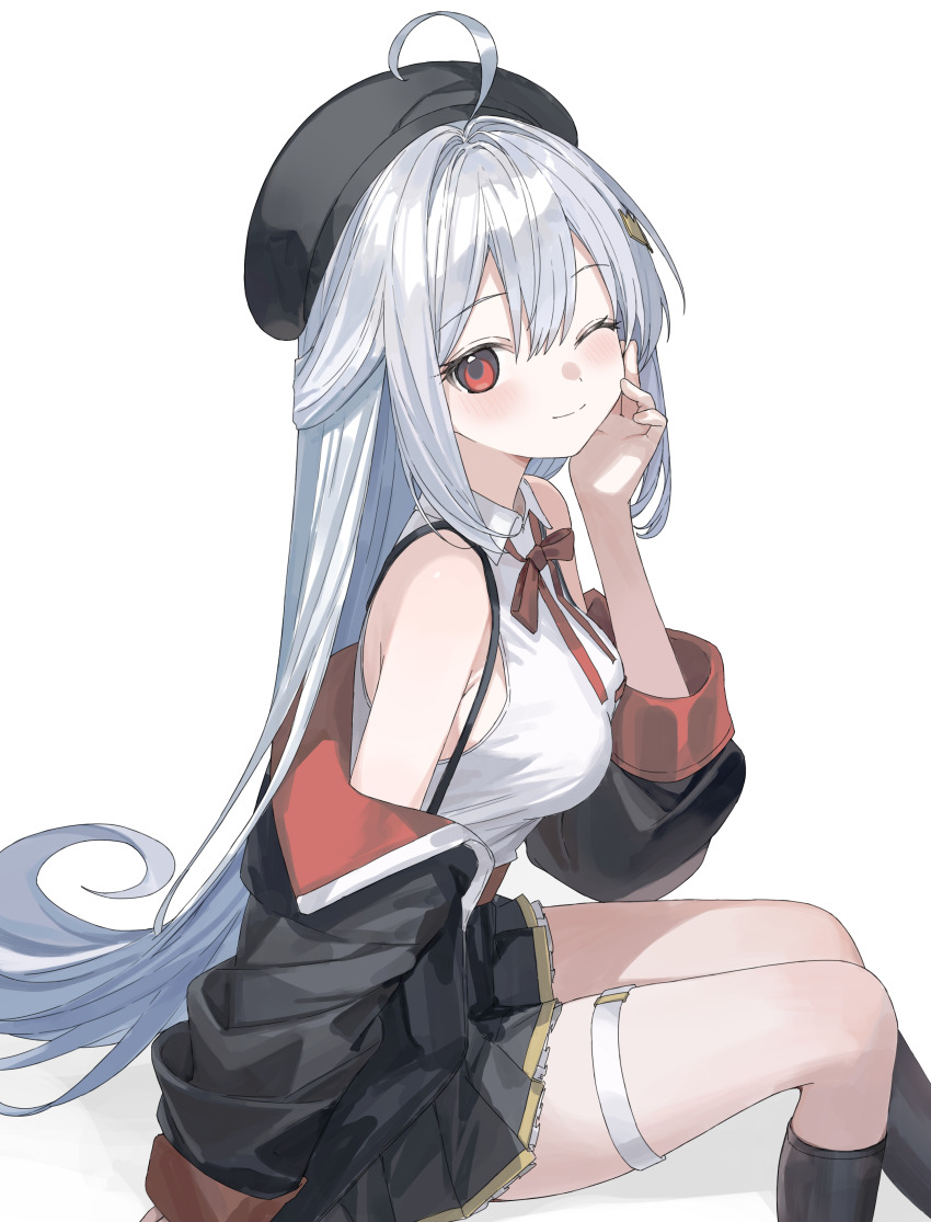 1girl, absurdres, ahoge, bare_shoulders, beret, black_hat, black_jacket, black_skirt