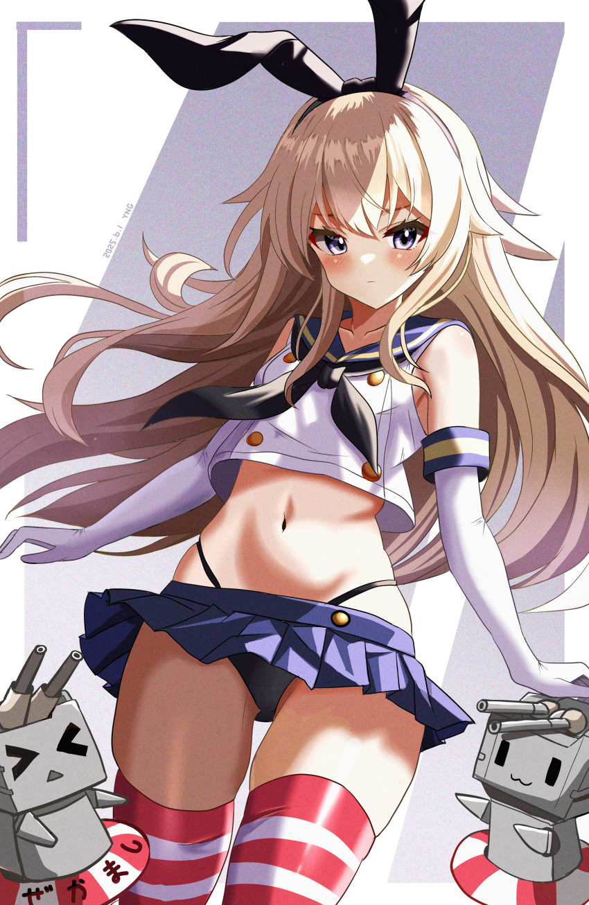 1girl, absurdres, animal_ears, black_hairband, black_neckerchief, black_panties, black_ribbon, blue_sailor_collar, breasts, buttons, clothes_lift, commentary_request, cropped_shirt, double-breasted, elbow_gloves, gloves, hair_between_eyes, hair_ribbon, hairband, highleg, highleg_panties, highres, hip_focus, kantai_collection, light_frown, long_hair, microskirt, navel, neckerchief, panties, rabbit_ears, rensouhou-chan, revealing_clothes, ribbon, sailor_collar, serious, shimakaze_(kancolle), shirt, simple_background, skindentation, skirt, skirt_lift, sleeveless, sleeveless_shirt, small_breasts, solo, standing, stomach, striped_clothes, striped_thighhighs, thighhighs, thighs, underwear, very_long_hair, white_gloves, white_shirt, wind, wind_lift, yanapy