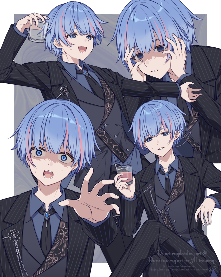 :d, aoi_sakura_(japanese_vtuber), black_jacket, black_pants, blue_eyes, blue_hair, blue_shirt, closed_mouth