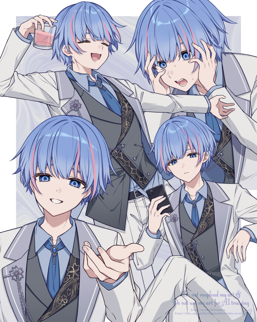 :d, ^_^, aoi_sakura_(japanese_vtuber), blue_eyes, blue_hair, blue_shirt, cellphone, closed_eyes