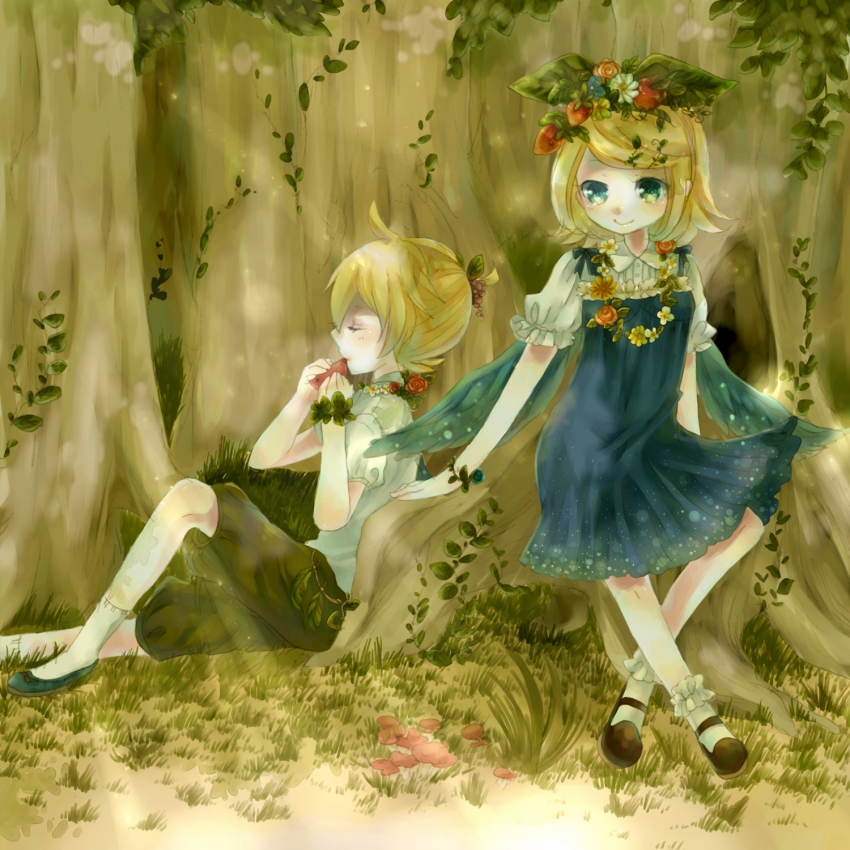 1boy, 1girl, berry, blonde_hair, bracelet, flower, flower_necklace, food, forest, fruit, grass, green_eyes, highres, jewelry, kagamine_len, kagamine_rin, koumi_(rl0318), light_rays, mushroom, nature, necklace, plant, ponytail, shoes, short_hair, sitting, smile, socks, sunbeam, sunlight, sunrays, vines, vocaloid, whistle, white_legwear, wings, wreath
