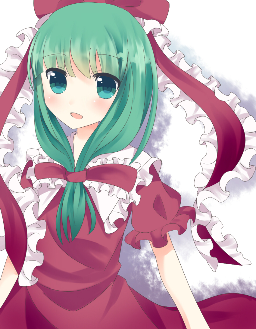 1girl, appuru_(maipiku_boshuu), bow, dress, female_focus, frills, front_ponytail, gradient_background, green_eyes, green_hair, hachimitsu_ame_(phoenix), hair_bow, hair_ribbon, highres, kagiyama_hina, matching_hair/eyes, open_mouth, ribbon, solo, touhou, white_background