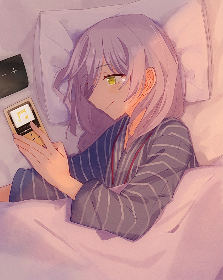 1girl, crying, crying_with_eyes_open, mp3_player, glasses, green_eyes, grey_hair, hair_ornament