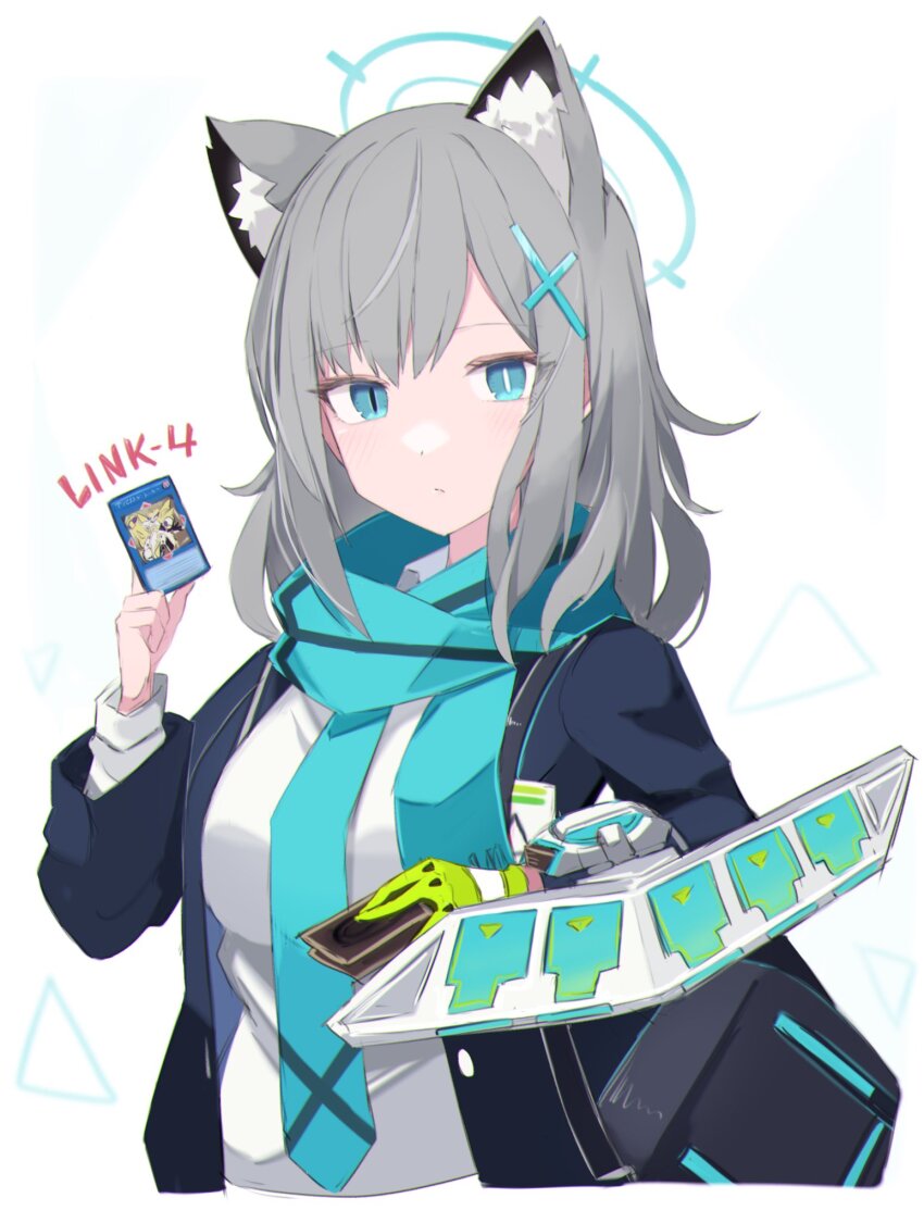 1girl, abydos_high_school_logo, accesscode_talker, animal_ear_fluff, animal_ears, aqua_eyes, aqua_necktie, aqua_scarf