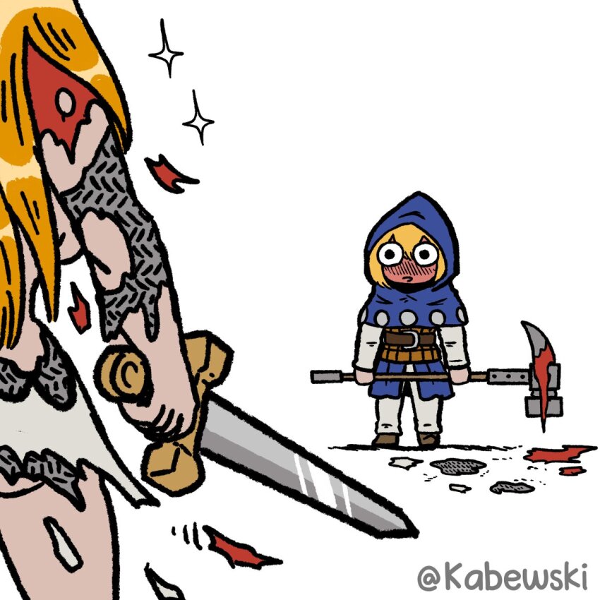 2girls, age_of_empires_(series), age_of_empires_ii, blonde_hair, blue_cape, blue_capelet, blue_hood, blush