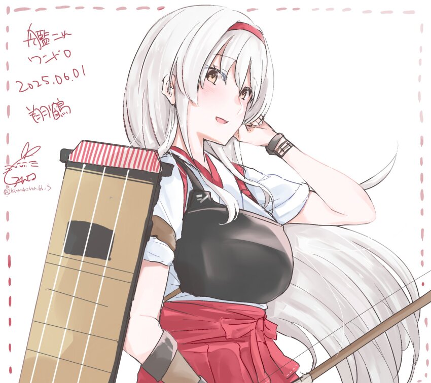 1girl, artist_logo, bow_(weapon), brown_eyes, character_name, copyright_name, dated, flight_deck, gloves, hairband, hakama, hakama_short_skirt, hakama_skirt, highres, japanese_clothes, kantai_collection, kimono, kurohina_(kurohina_66_s), logo, long_hair, looking_at_viewer, muneate, one-hour_drawing_challenge, partially_fingerless_gloves, partly_fingerless_gloves, red_hairband, red_hakama, red_skirt, shoukaku_(kancolle), skirt, smile, solo, tasuki, weapon, white_hair, white_kimono, yugake