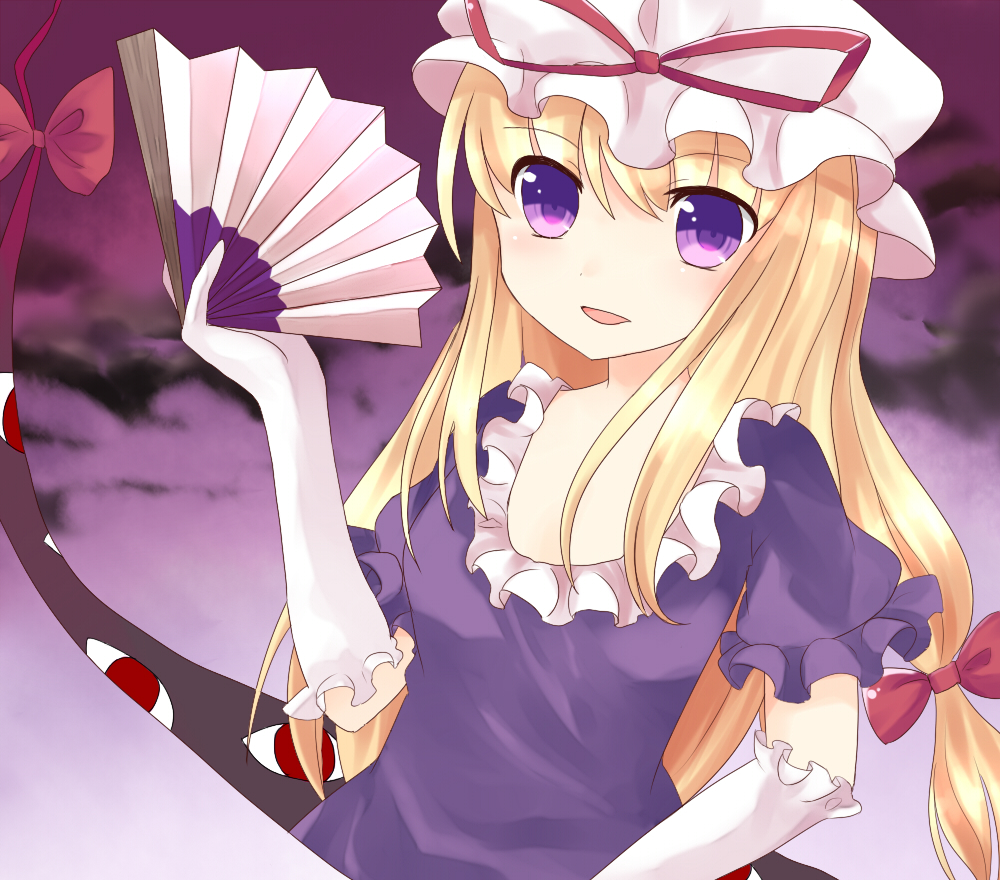 1girl, appuru_(maipiku_boshuu), blonde_hair, bow, dress, elbow_gloves, female_focus, folding_fan
