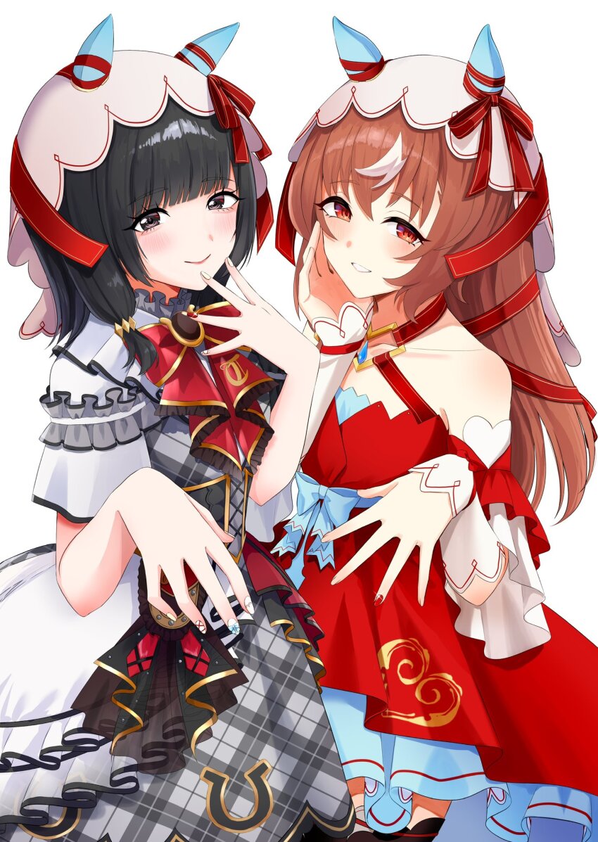 2girls, animal_ears, black_eyes, black_hair, blush, breasts, brown_hair, closed_mouth, collarbone, commentary_request, detached_sleeves, fingernails, hair_ornament, highres, horse_ears, horse_girl, long_hair, looking_at_viewer, miyashita_saki, multiple_girls, nakichi_n, reaching, reaching_towards_viewer, small_breasts, smile, still_in_love_(scarlet_vow_raiment)_(umamusume), still_in_love_(umamusume), umamusume, veil, voice_actor, white_background