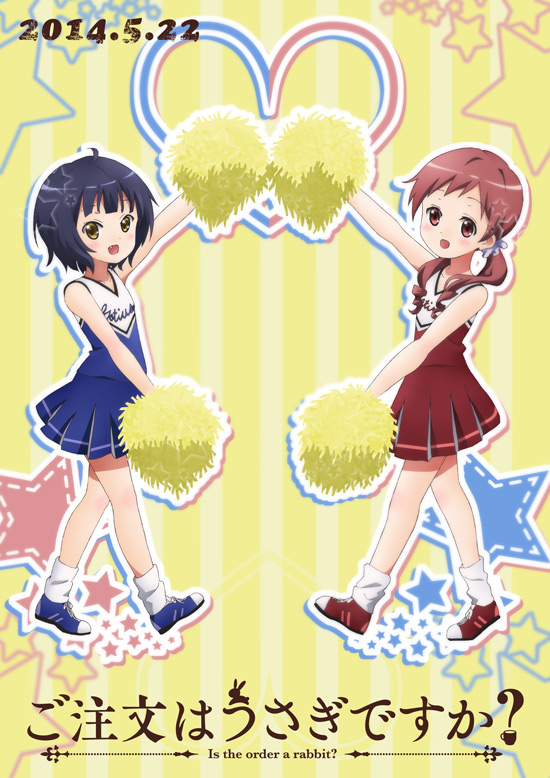 2girls, :d, abstract_background, anime_coloring, arm_up, blue_hair, blue_shoes, blue_skirt, blue_theme, breasts, cheerleader, child, clothes_writing, copyright_name, cowlick, dated, dot_nose, fang, flat_chest, full_body, gochuumon_wa_usagi_desu_ka?, hair_over_shoulder, heart, heart_background, jouga_maya, koi_(koisan), logo, long_hair, looking_at_viewer, matching_expressions, matching_outfits, medium_hair, multiple_girls, natsu_megumi, official_art, official_style, open_mouth, outline, outstretched_arm, pleated_skirt, pom_pom_(cheerleading), red_eyes, red_hair, red_shoes, red_skirt, red_theme, scrunchie, shoes, short_twintails, skirt, small_breasts, smile, sneakers, star_(symbol), star_symbol_background, tube_socks, twintails, walking, white_outline, white_scrunchie, yellow_background, yellow_eyes