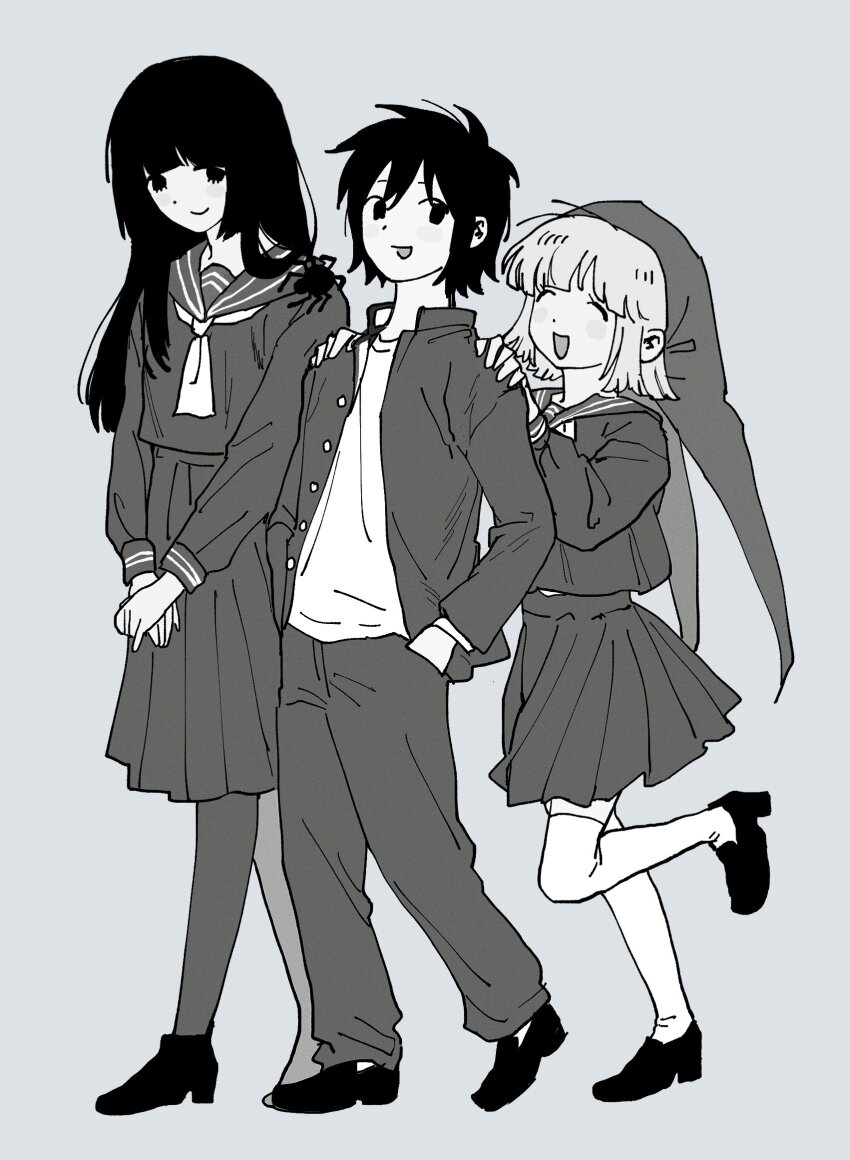 1boy, 2girls, 97ttwwaazz, avalona, bug, commentary, english_commentary, full_body