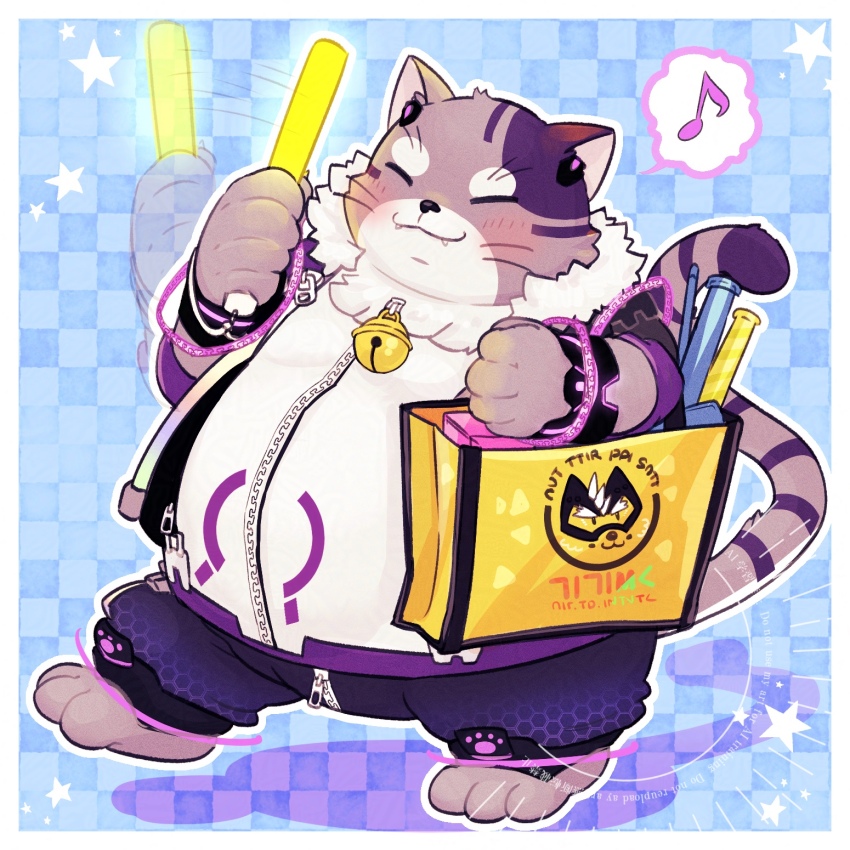 1boy, :3, animal_ears, bag, barefoot, bell, belly, blush, bygul_(live_a_hero), cat_boy, cat_ears, animal_nose, cat_tail, closed_eyes, closed_mouth, facing_to_the_side, fang, fang_out, fat, fat_man, furry, furry_male, highres, holding_lightstick, hukurom, jingle_bell, live_a_hero, musical_note, purple_fur, smile, speech_bubble, spoken_musical_note, striped_fur, tail, tote_bag, walking, whiskers