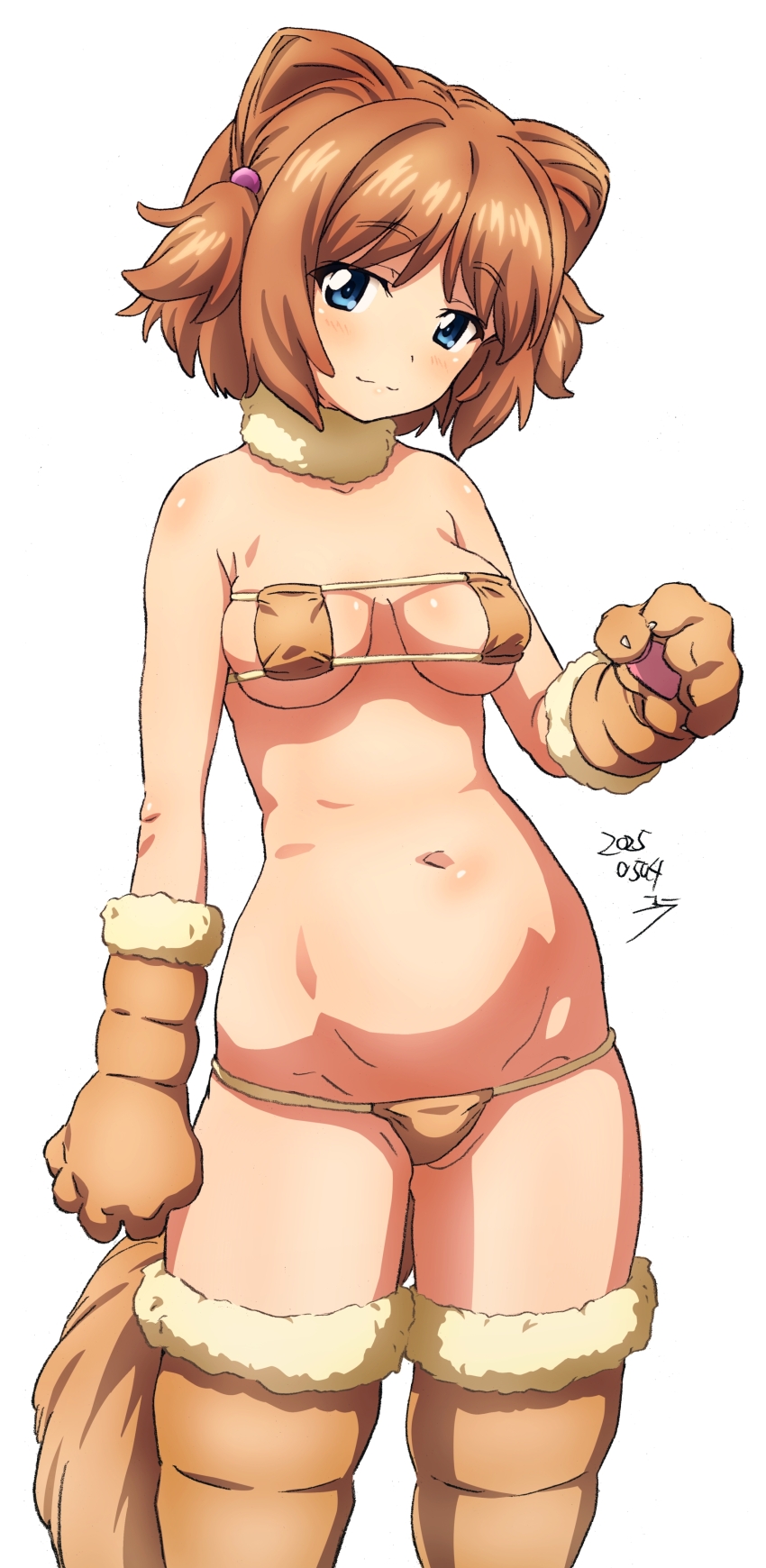 1girl, :3, absurdres, animal_hands, bad_source, bikini, blue_eyes, blush, breasts, brown_hair, closed_mouth, covered_navel, dog_tail, erakin, eyepatch_bikini, fake_tail, girls_und_panzer, gloves, highres, looking_at_viewer, medium_breasts, orange_bikini, paw_gloves, short_hair, smile, solo, swimsuit, tail, yuuko_(girls_und_panzer)