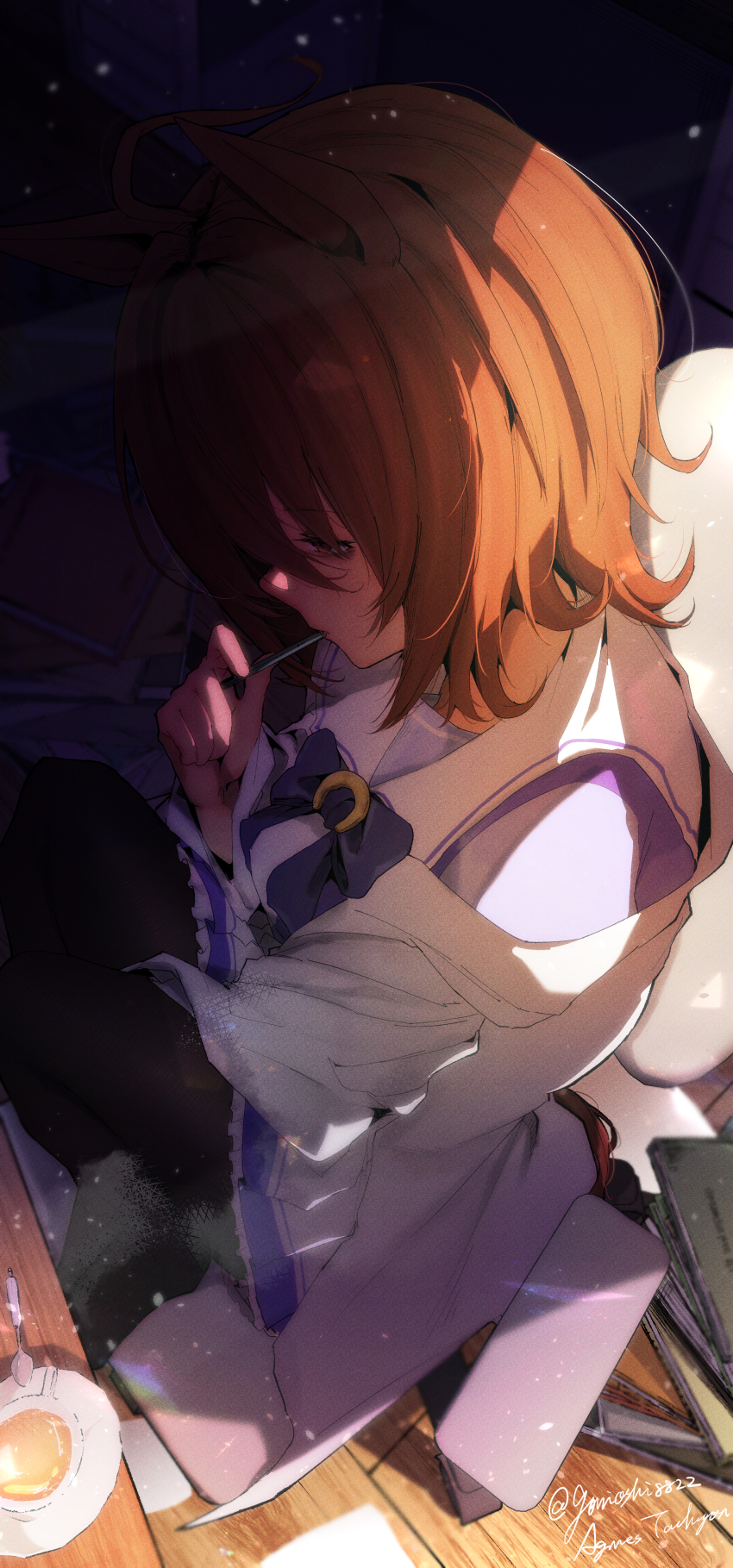 1girl, absurdres, agnes_tachyon_(umamusume), bags_under_eyes, binder, bow, bowtie, breasts