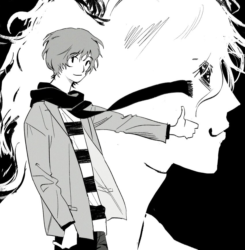 2boys, 97ttwwaazz, absurdres, black_background, commentary, english_commentary, greyscale, highres