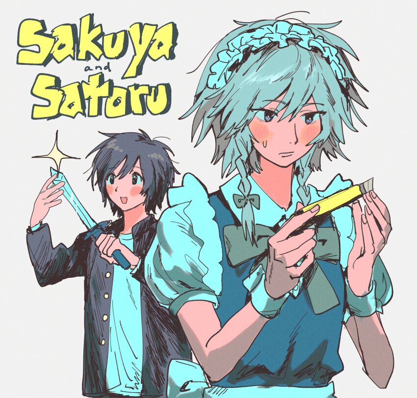 1boy, 1girl, 97ttwwaazz, absurdres, black_hair, blue_dress, boxcutter, braid