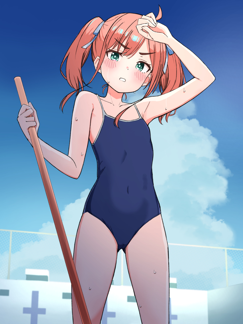 1girl, absurdres, blue_one-piece_swimsuit, blue_sky, cleaning_brush, cloud, commentary_request, competition_school_swimsuit, cowboy_shot, day, empty_pool, flat_chest, gluteal_fold, green_eyes, hand_on_own_head, highres, long_hair, one-piece_swimsuit, orange_hair, original, outdoors, parted_lips, pool, school_swimsuit, sky, solo, swimsuit, urushiushiru