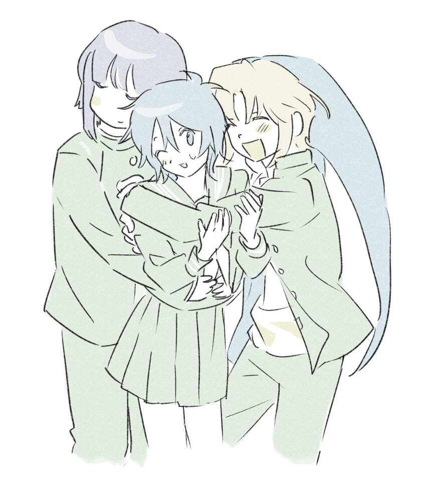 1girl, 2boys, 97ttwwaazz, absurdres, avalona, blonde_hair, blue_eyes, blue_hair