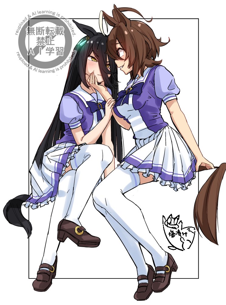 2girls, agnes_tachyon_(umamusume), ahoge, animal_ears, black_hair, bow, bowtie, breasts