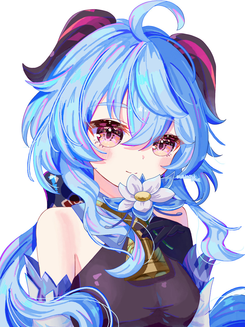 1girl, ahoge, bell, black_gloves, black_shirt, blue_hair, blush, breasts