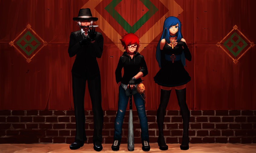 00s, absurdres, baseball_bat, blue_hair, cross, dark_skin, dungeon_and_fighter, female_priest_(dungeon_and_fighter), formal_clothes, glasses, gloves, hat, highres, knife, mage_(dungeon_and_fighter), male_priest_(dungeon_and_fighter), male_thief_(dungeon_and_fighter), red_hair, suit