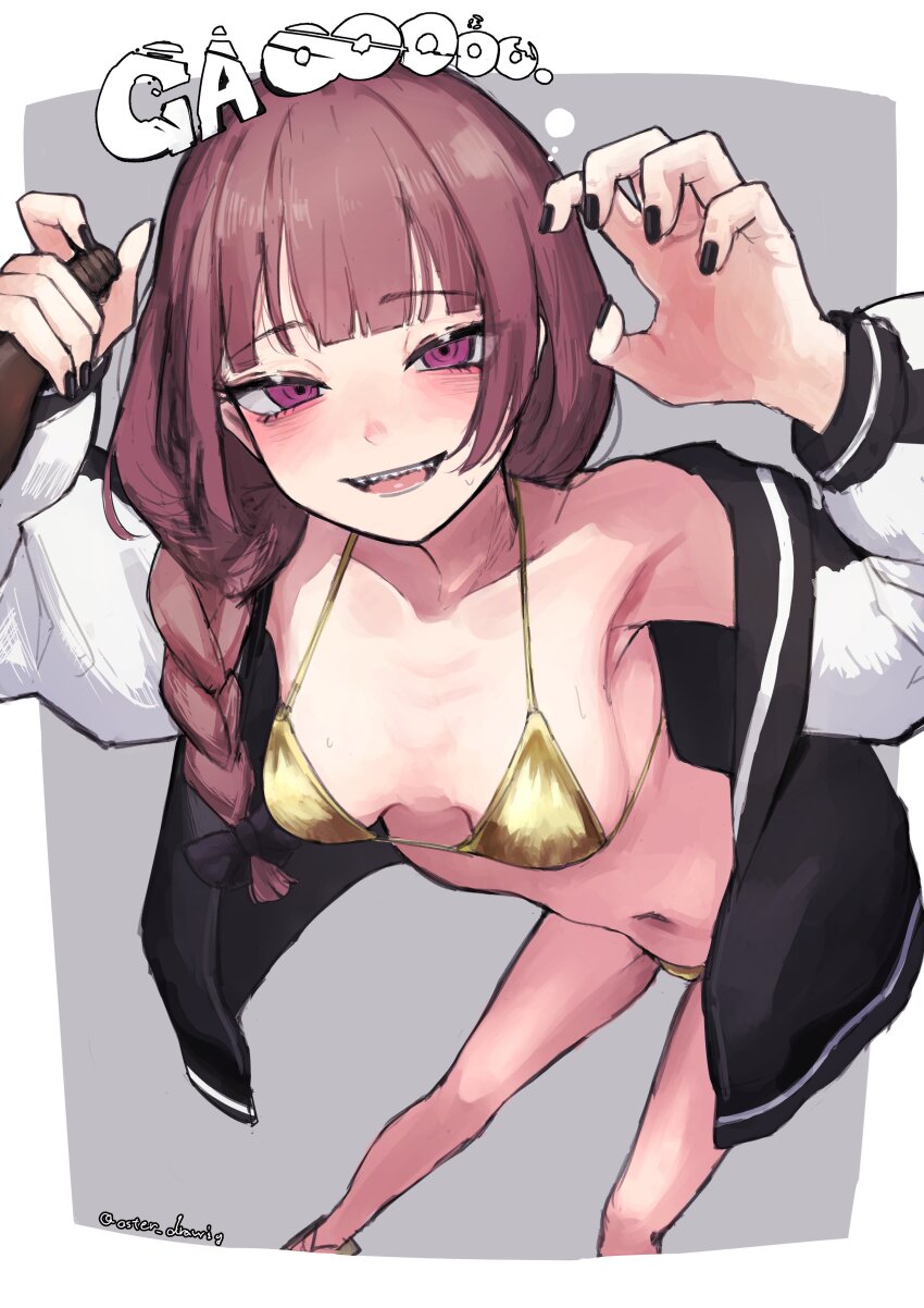1girl, absurdres, alcohol, arms_up, aster_drawing, bikini, black_nails, blush, bocchi_the_rock!, bottle, braid, breasts, cleavage, collarbone, drunk, english_text, gold_bikini, golden_week, hair_over_shoulder, highres, hiroi_kikuri, holding, holding_bottle, jacket, long_hair, looking_at_viewer, medium_breasts, multicolored_jacket, navel, open_mouth, purple_eyes, purple_hair, sharp_teeth, shiny_swimsuit, simple_background, single_braid, smile, solo, stomach, swimsuit, teeth, white_background, yellow_bikini