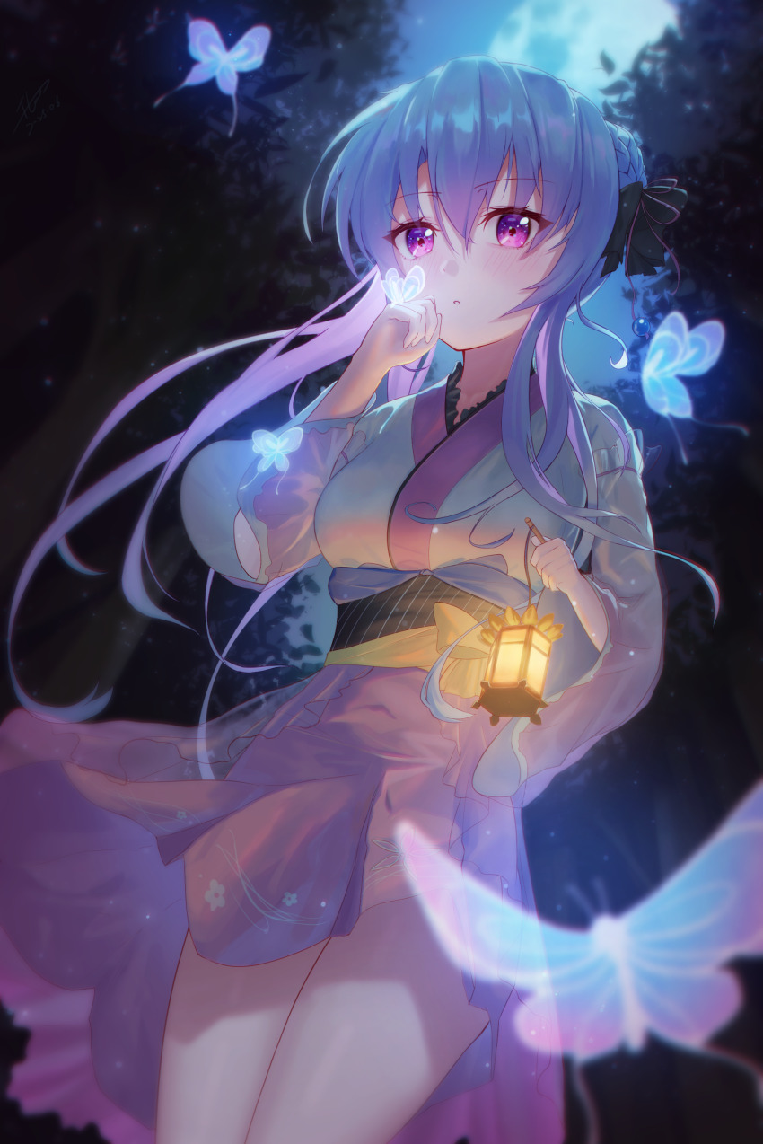 1girl, absurdres, blowing, blue_hair, blush, braid, braided_bun, bug