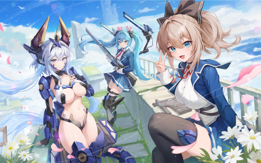 3girls, absurdres, aqua_hair, arm_support, armor, armored_boots, black_bow, black_gloves