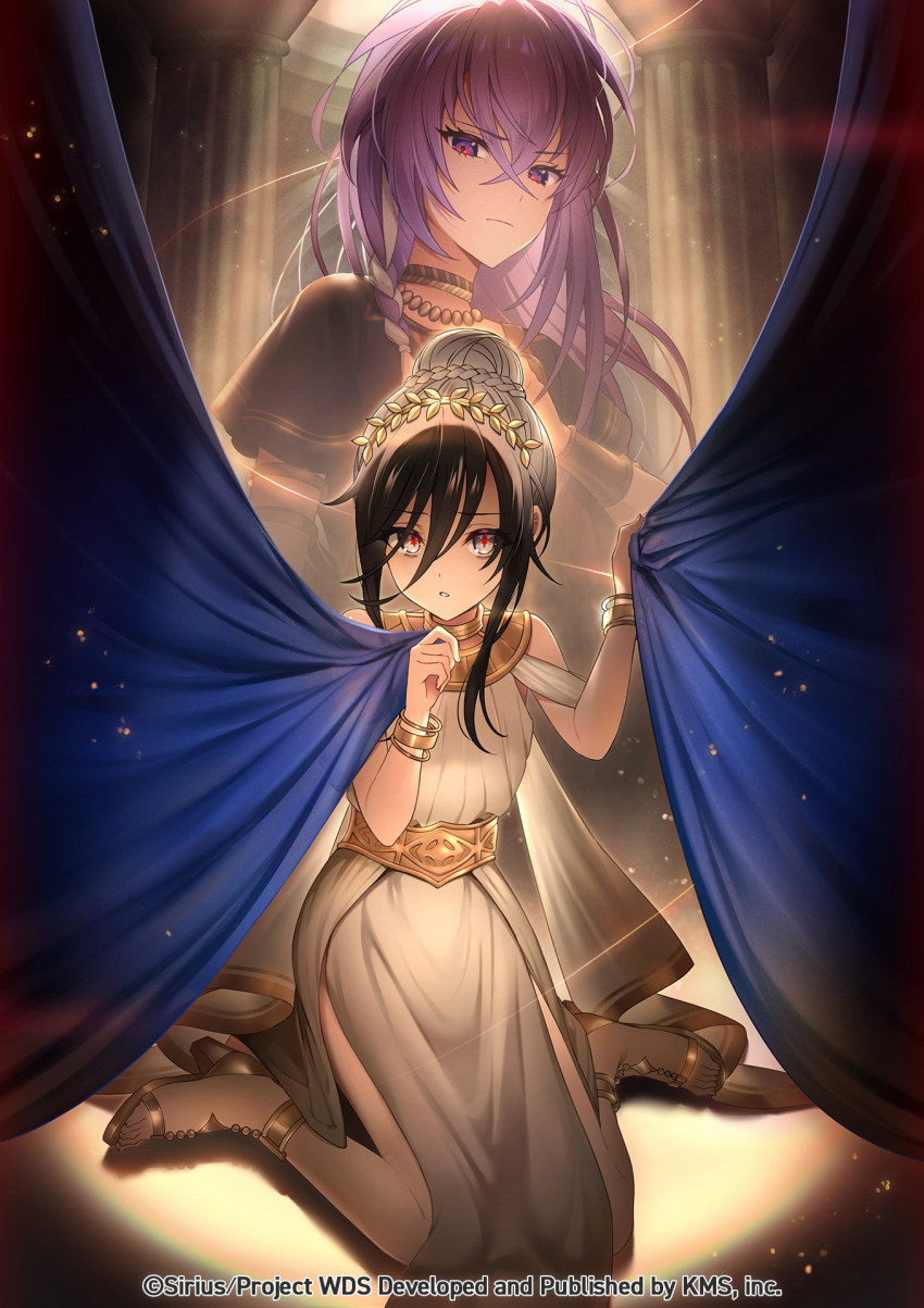 2boys, armlet, black_hair, bracelet, cape, commentary_request, curtain_grab, curtains