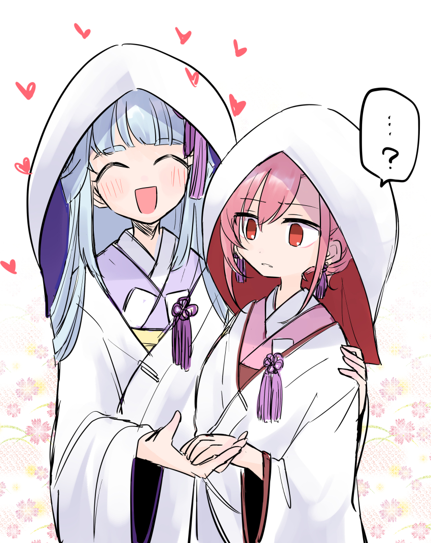 ..., ...?, 2girls, ?, ^_^, absurdres, asymmetrical_bangs, blue_hair, blue_hood, blunt_bangs, chizuru_(madoka_magica), closed_eyes, confused, cowboy_shot, detached_hood, dot_nose, earrings, female_focus, floral_background, flower_knot, hair_ornament, hair_ribbon, hand_on_another's_shoulder, happy, heart, highres, holding_hands, hood, hood_up, japanese_clothes, jewelry, kimono, layered_kimono, light_blush, light_frown, long_hair, long_sleeves, magia_record:_mahou_shoujo_madoka_magica_gaiden, mahou_shoujo_madoka_magica, mizuna_tsuyu, multiple_girls, open_mouth, parted_lips, pink_hair, pink_kimono, purple_kimono, purple_ribbon, red_eyes, red_hood, ribbon, shiromuku, short_hair, sidelocks, smile, spoken_ellipsis, spoken_question_mark, standing, straight_hair, tassel, tassel_earrings, tassel_hair_ornament, two-sided_hood, uchikake, ultimate_magnum, wataboushi, wedding, white_background, white_hood, white_kimono, wide_sleeves, wife_and_wife, yuri