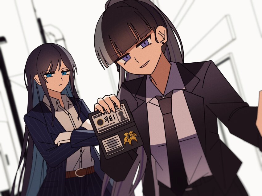 2girls, ado_(utaite), black_hair, black_jacket, black_necktie, blue_eyes, blue_hair, blue_jacket