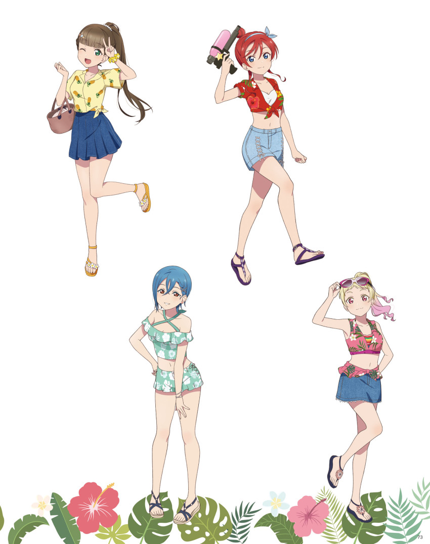 4girls, ;d, arm_up, artbook, bikini, blonde_hair, blue_eyes, blue_hair