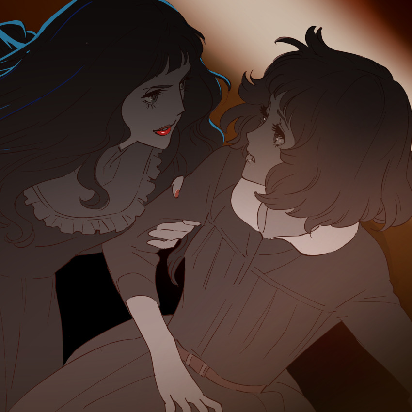 2girls, 55bata6rou, black_dress, black_hair, brown_background, collared_dress, cowboy_shot, dress, eye_contact, grabbing_another's_arm, highres, lipstick, long_hair, looking_at_another, makeup, misonoo_nanako, multiple_girls, oniisama_e..., red_lips, shinobu_mariko, short_hair, smile, spot_color, standing