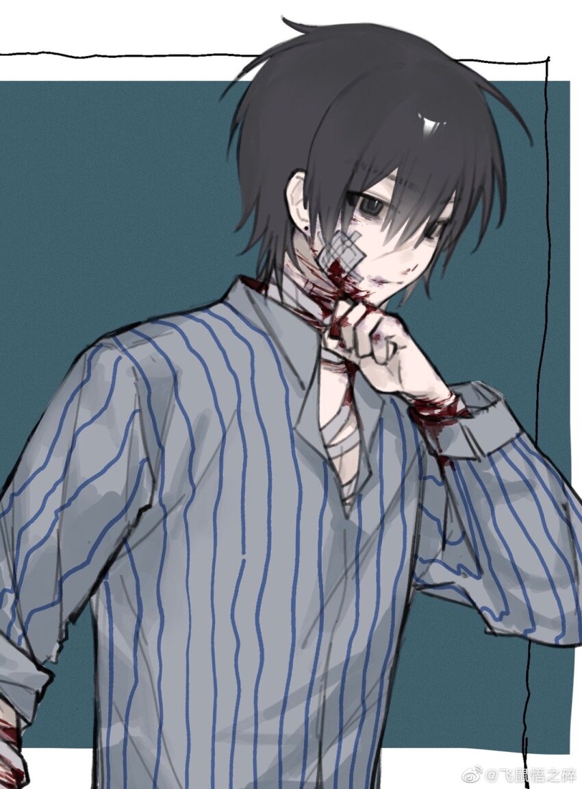 1boy, alternate_universe, bags_under_eyes, bandaged_arm, bandaged_chest, bandaged_neck, bandages, bandaid, bandaid_on_cheek, bandaid_on_face, black_eyes, black_hair, bleeding, blood, blood_on_arm, blood_on_clothes, blood_on_face, blood_on_hands, blood_on_neck, bloody_bandages, blue_background, bruise, bruise_on_face, bruise_on_neck, closed_mouth, collared_shirt, cuts, dao_gui_yi_xian, earrings, grey_shirt, hair_between_eyes, hand_up, highres, hospital_gown, injury, jewelry, li_huowang, li_huowang_(modern_world), long_sleeves, male_focus, official_alternate_costume, official_alternate_hair_length, official_alternate_hairstyle, parted_lips, shigelaogutoukongle, shirt, short_hair, simple_background, sleeves_rolled_up, solo, striped_clothes, striped_shirt, upper_body, vertical-striped_clothes, vertical-striped_shirt, watermark, weibo_watermark