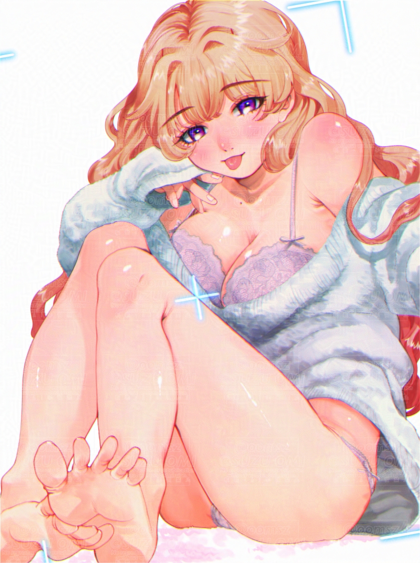 1girl, ass, bare_shoulders, barefoot, blonde_hair, blush, bra, breasts, filter-goshi_no_kanojo, gyaru, jacket, koto_mitsuha, large_breasts, lingerie, long_hair, long_sleeves, looking_at_viewer, official_art, oomsz, open_clothes, open_jacket, panties, purple_bra, purple_eyes, purple_panties, simple_background, sitting, solo, tongue, tongue_out, underwear, very_long_hair, white_background, white_jacket