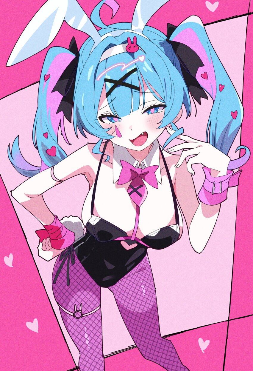 1girl, absurdres, animal_ears, bare_shoulders, black_leotard, blue_eyes, blue_hair, breasts