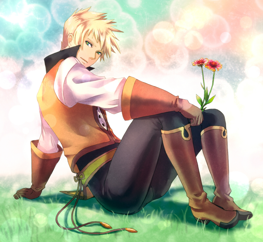 00s, 1boy, ahoge, blonde_hair, boots, flower, full_body, gloves