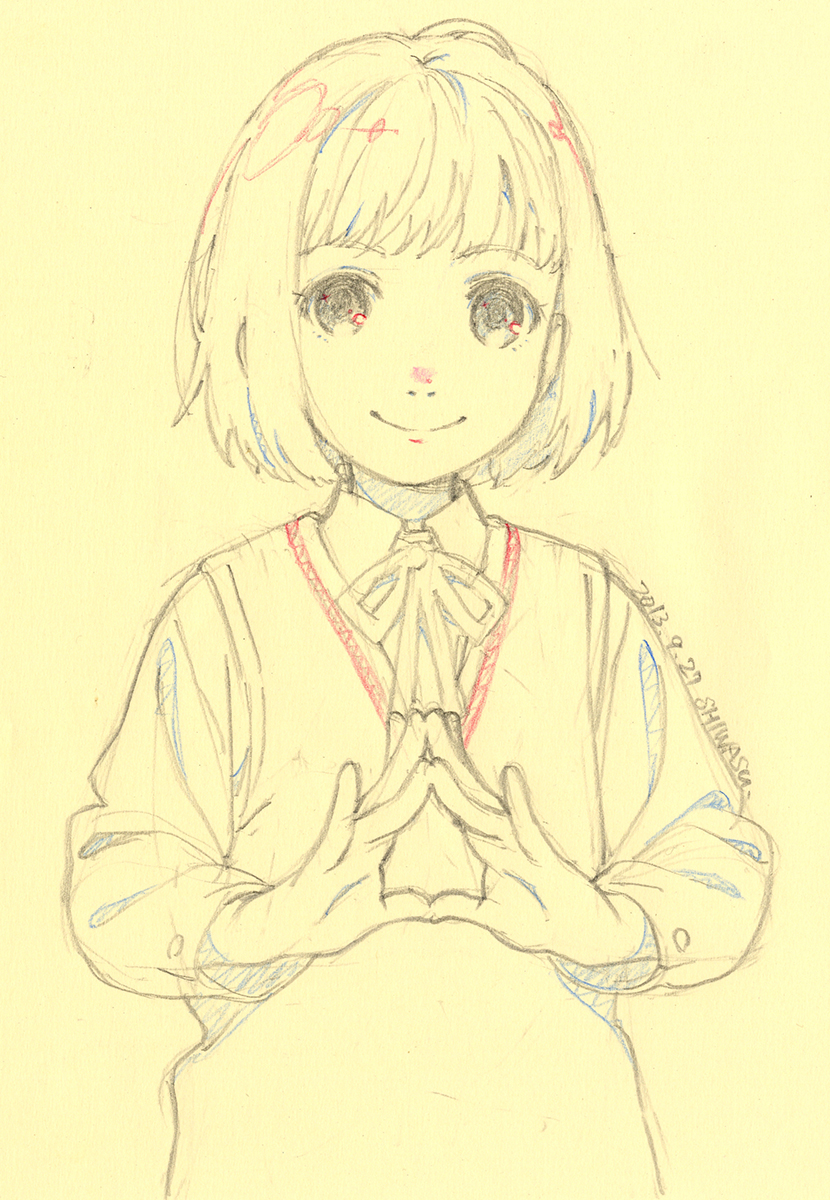 1girl, character_request, closed_mouth, collared_shirt, copyright_request, dated, eyelashes, graphite_(medium)