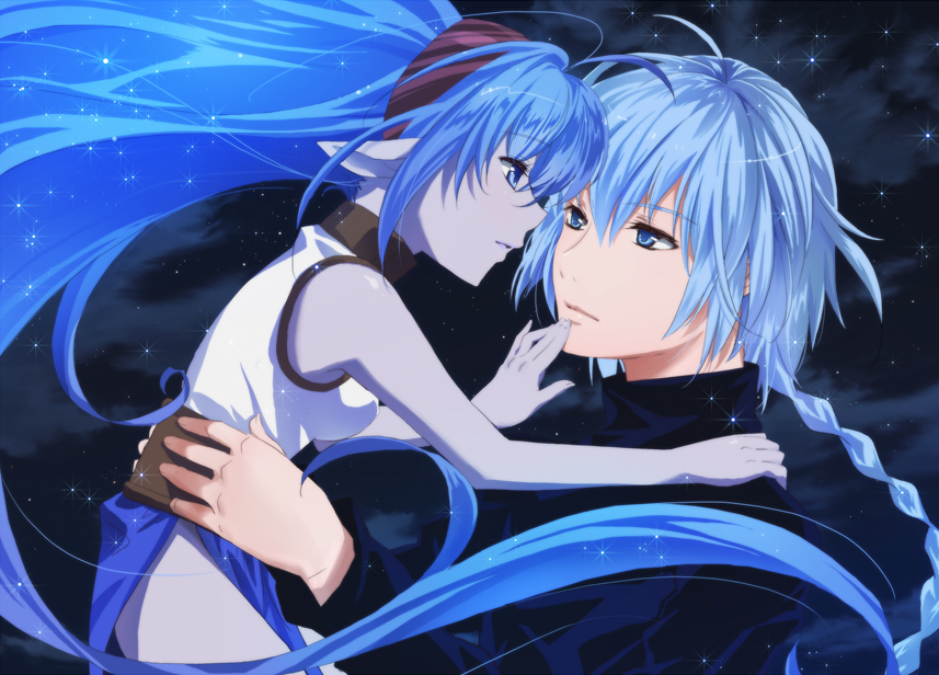 00s, 1boy, 1girl, blue_eyes, blue_hair, blue_skin, braid, celsius, celsius_(tales), colored_skin, couple, hairband, hand_on_another's_chin, hetero, long_hair, md5_mismatch, pointy_ears, puu_(aiko), resolution_mismatch, source_larger, sparkle, tales_of_(series), tales_of_eternia, tales_of_rebirth, veigue_lungberg