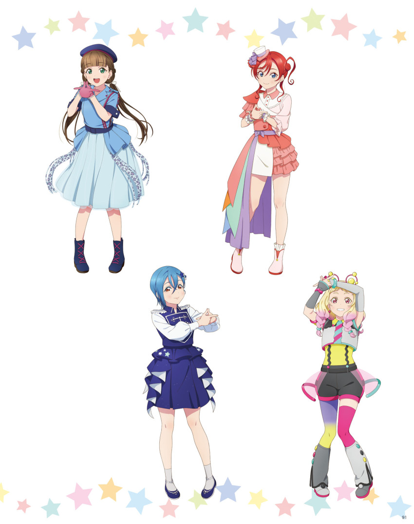 4girls, artbook, asymmetrical_legwear, blonde_hair, blue_dress, blue_eyes, blue_hair, blue_skirt