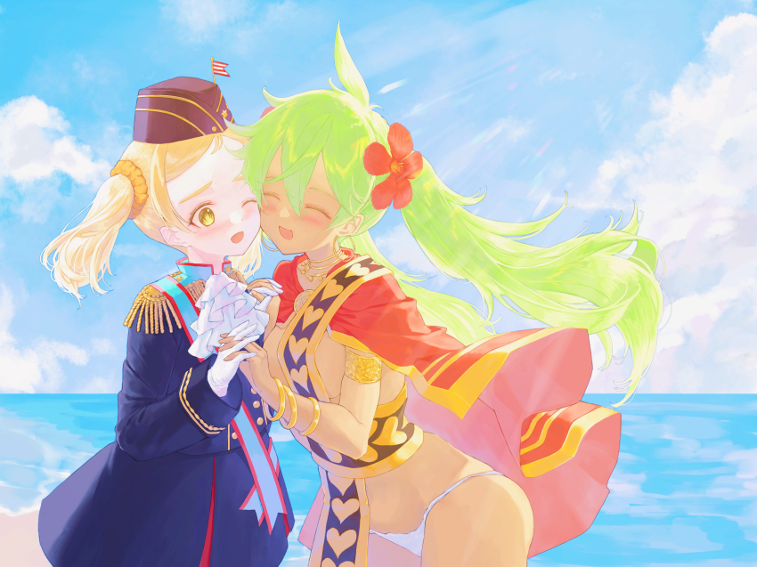 2girls, ascot, blonde_hair, blue_sky, blush, cape, cheek-to-cheek, closed_eyes, coat, commentary_request, dark-skinned_female, dark_skin, eiyuu_senki, epaulettes, flower, gloves, green_hair, hair_flower, hair_ornament, hat, heads_together, hibiscus, highres, holding_hands, jewelry, kamehameha_(eiyuu_senki), long_hair, medium_hair, military_uniform, multiple_girls, necklace, ocean, open_mouth, orokamono840741, outdoors, panties, perry_(eiyuu_senki), sky, smile, underwear, upper_body, white_panties, yellow_eyes