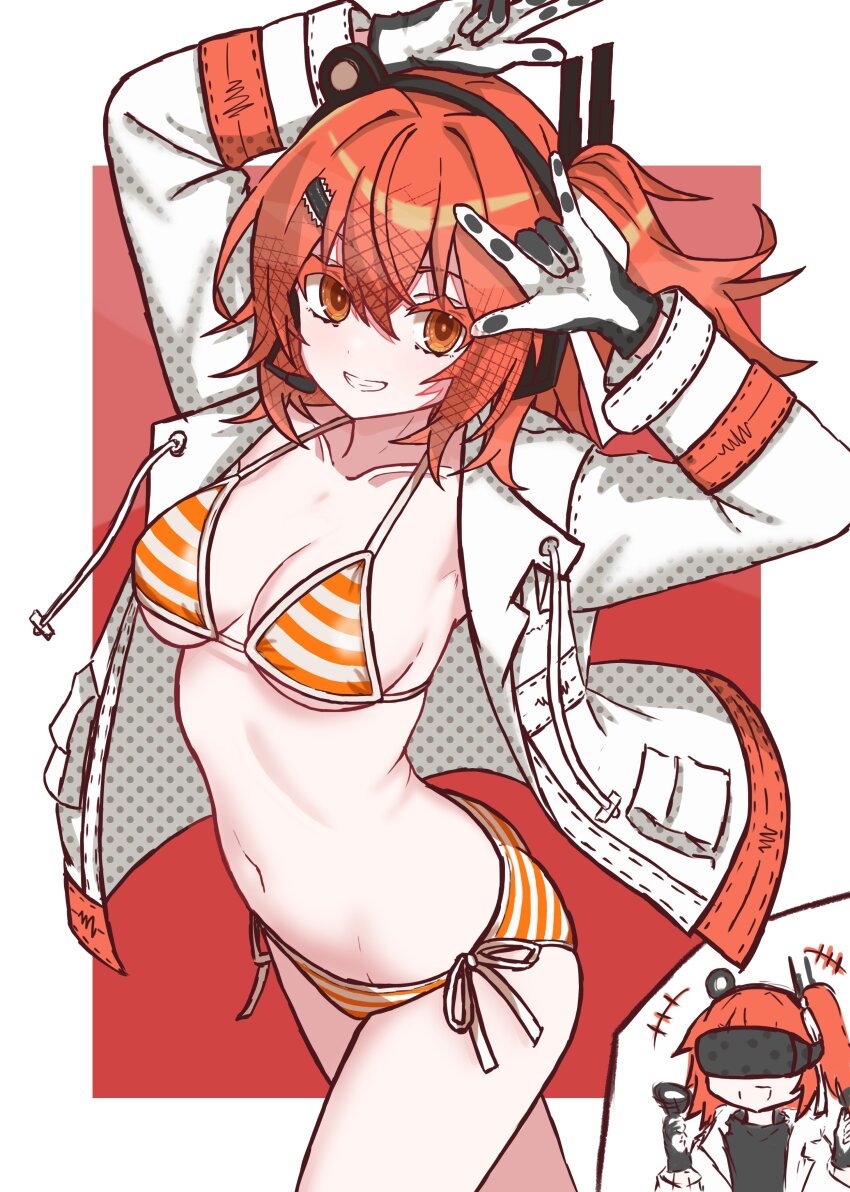 1girl, \m/, a.i._voice, absurdres, adachi_rei, arms_up, bikini, breasts