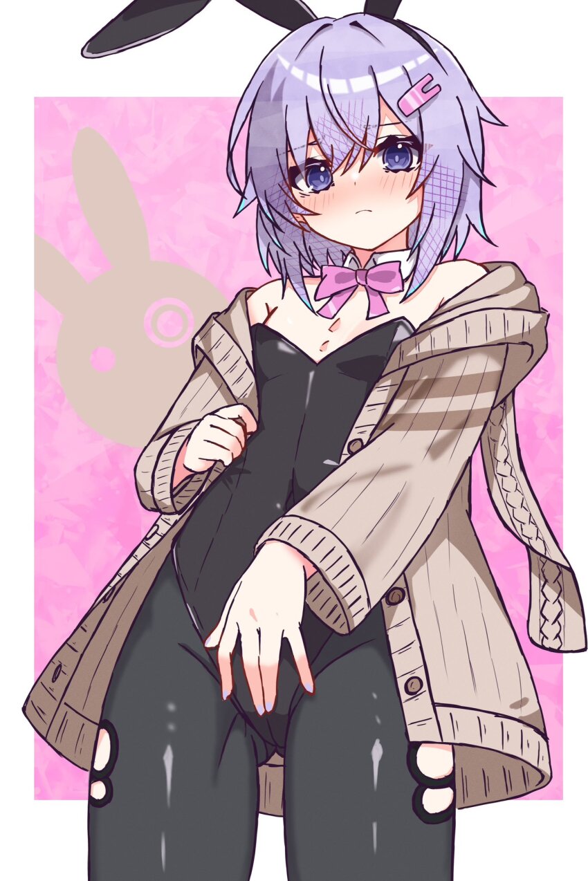 1girl, animal_ears, bare_shoulders, black_leotard, black_pantyhose, blush, bow, bowtie